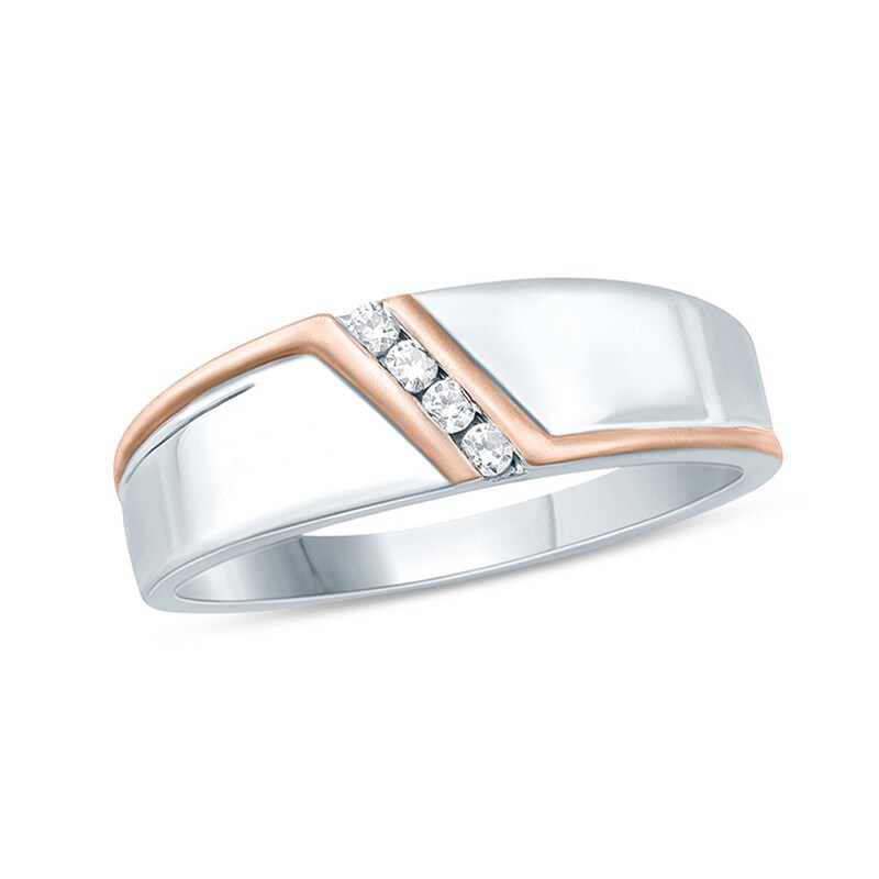 Main Image 1 of 1/10 CT. T.W. Diamond Four Stone Slant Bypass Stripe Wedding Band in 10K Two-Tone Gold