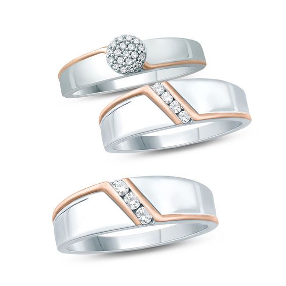 1/10 CT. T.w. Diamond Four Stone Slant Bypass Stripe Wedding Band in 10K Two-Tone Gold