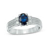 Thumbnail Image 1 of Oval Blue Sapphire and 1/5 CT. T. W. Diamond Vintage-Style Double Row Ring in 10K White Gold