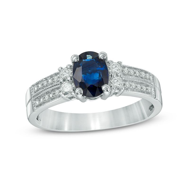 Main Image 1 of Oval Blue Sapphire and 1/5 CT. T. W. Diamond Vintage-Style Double Row Ring in 10K White Gold