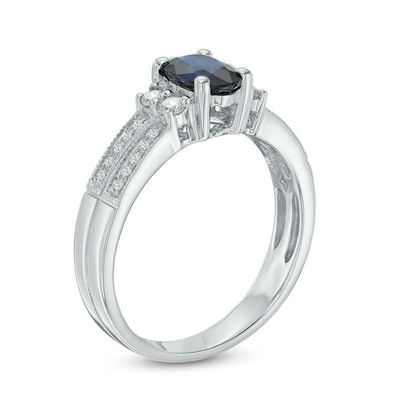 Main Image 2 of Oval Blue Sapphire and 1/5 CT. T. W. Diamond Vintage-Style Double Row Ring in 10K White Gold