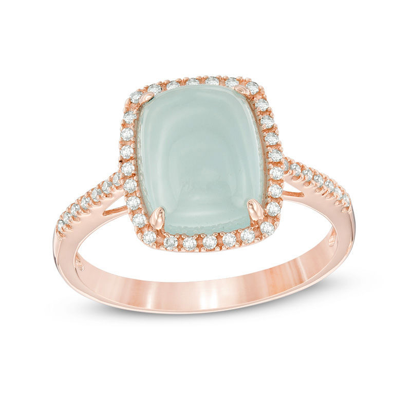 Main Image 1 of Cushion-Cut Cabochon Aquamarine and 1/8 CT. T.W. Diamond Frame Ring in 10K Rose Gold