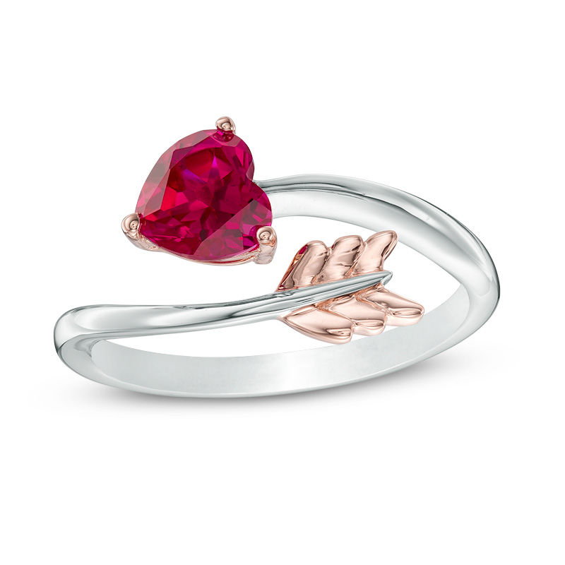 6.0mm Heart-Shaped Lab-Created Ruby Arrow Wrap Ring in Sterling Silver and 14K Rose Gold Plate