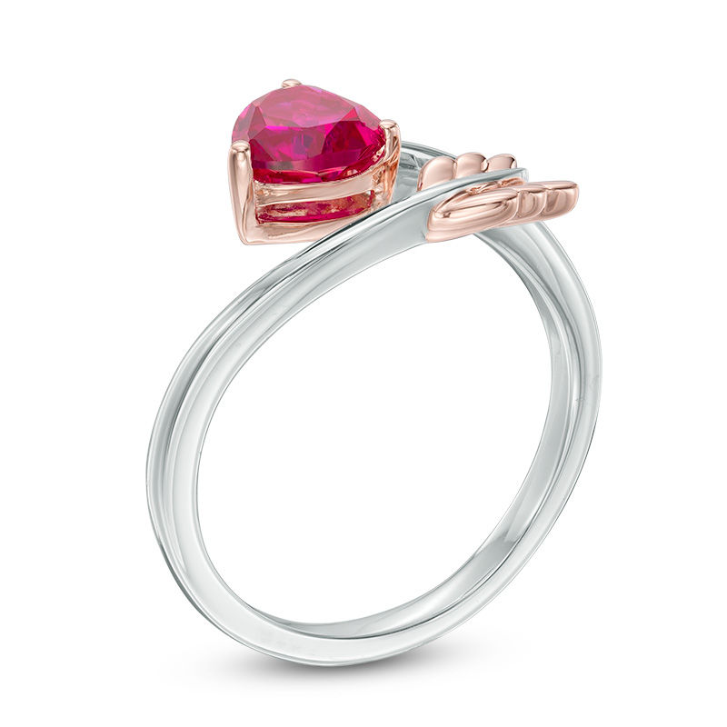 6.0mm Heart-Shaped Lab-Created Ruby Arrow Wrap Ring in Sterling Silver and 14K Rose Gold Plate