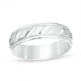 6.0mm Brushed Milgrain Slant Comfort Fit Wedding Band in 14K White Gold
