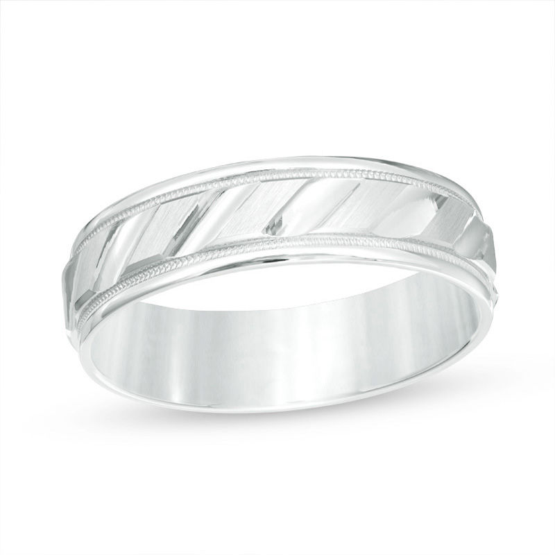 Men's 6.0mm Brushed Milgrain Slant Comfort Fit Wedding Band in 14K White Gold