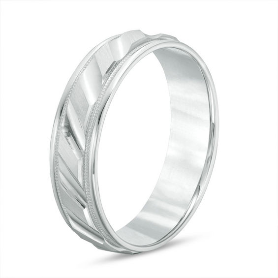 6.0mm Brushed Milgrain Slant Comfort Fit Wedding Band 14K Gold