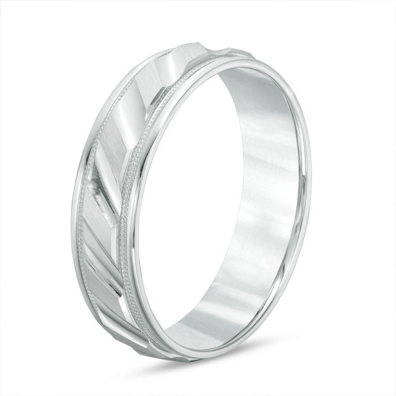 Men's 6.0mm Brushed Milgrain Slant Comfort Fit Wedding Band in 14K White Gold