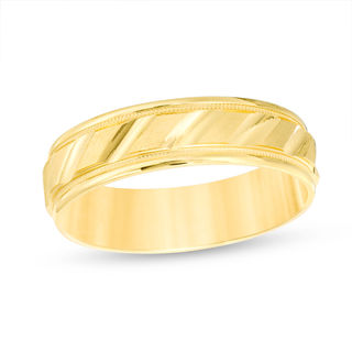 6.0mm Brushed Milgrain Slant Comfort Fit Wedding Band in 14K Gold