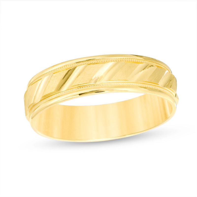 Men's 6.0mm Brushed Milgrain Slant Comfort Fit Wedding Band in 14K Gold