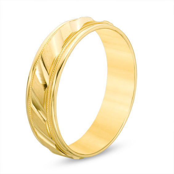 6.0mm Brushed Milgrain Slant Comfort Fit Wedding Band 14K Gold