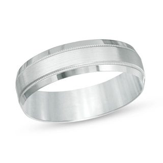 6.0mm Brushed Center Milgrain Comfort Fit Wedding Band in 10K White Gold