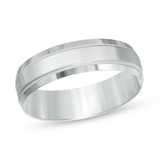 6.0mm Brushed Center Milgrain Comfort Fit Wedding Band 10K White Gold