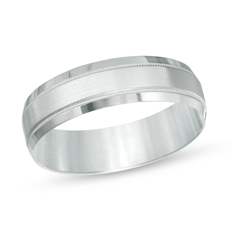 Men's 6.0mm Brushed Center Milgrain Comfort Fit Wedding Band in 10K White Gold