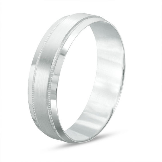 6.0mm Brushed Center Milgrain Comfort Fit Wedding Band 10K White Gold