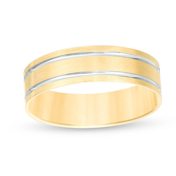 6.0mm Brushed Double Stripe Comfort Fit Wedding Band 10K Gold with White Rhodium