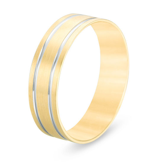 6.0mm Brushed Double Stripe Comfort Fit Wedding Band 10K Gold with White Rhodium