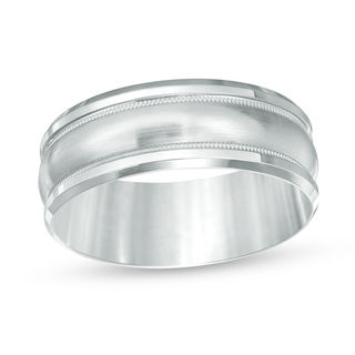 8.0mm Satin Center Milgrain Comfort Fit Wedding Band in 14K White Gold