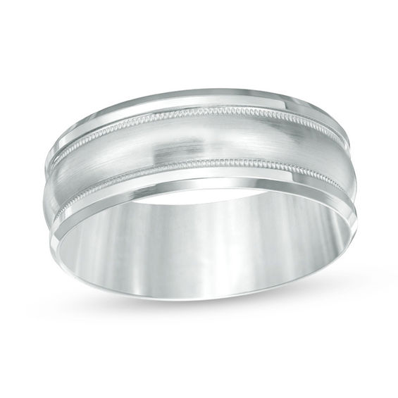 8.0mm Satin Center Milgrain Comfort Fit Wedding Band in 14K White Gold