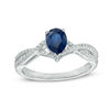 Thumbnail Image 1 of Pear-Shaped Blue Sapphire and 1/8 CT. T.W. Diamond Twisted Frame Ring in 10K White Gold