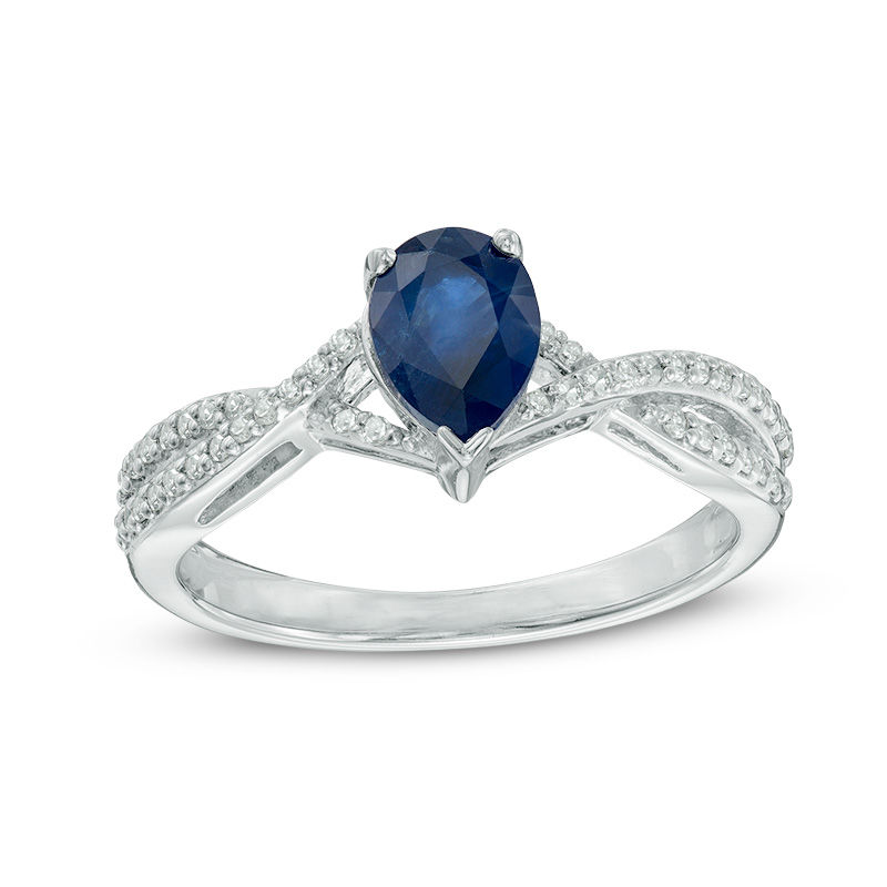 Main Image 1 of Pear-Shaped Blue Sapphire and 1/8 CT. T.W. Diamond Twisted Frame Ring in 10K White Gold