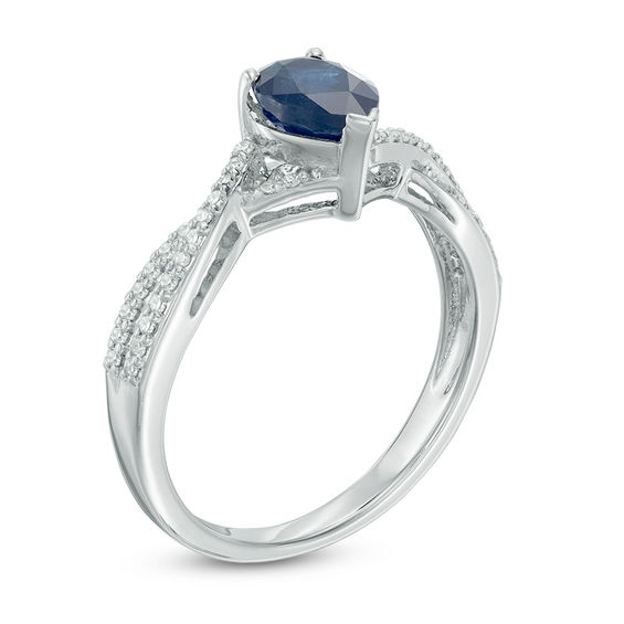 Pear-Shaped Blue Sapphire and 1/8 CT. T.w. Diamond Twisted Frame Ring in 10K White Gold