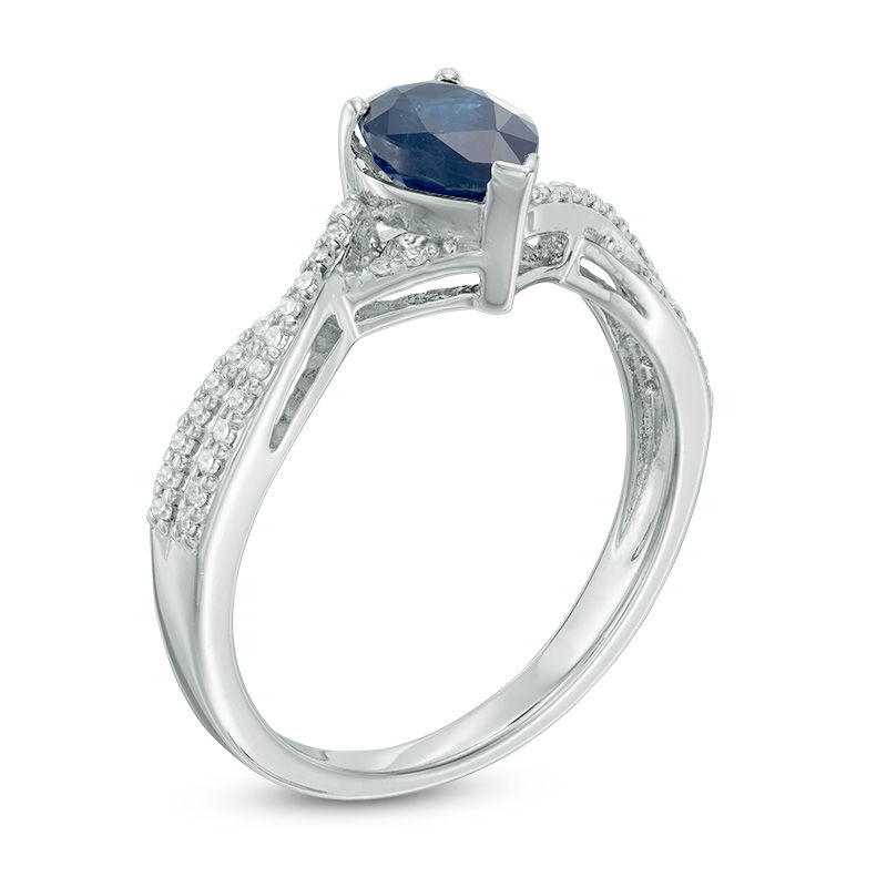 Main Image 2 of Pear-Shaped Blue Sapphire and 1/8 CT. T.W. Diamond Twisted Frame Ring in 10K White Gold