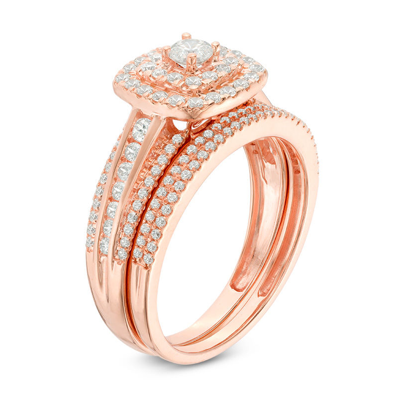 1 CT. T.W. Diamond Double Cushion Frame Bridal Set in 10K Rose Gold | Zales