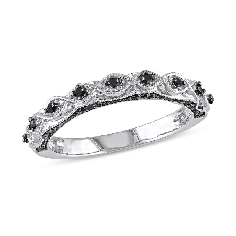 Main Image 1 of 1/8 CT. T.W. Black Diamond Vintage-Style Wedding Band in 10K White Gold with Black Rhodium