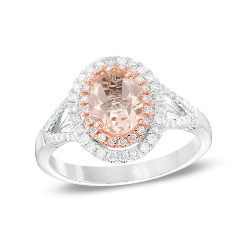 Oval Morganite and 1/3 CT. T.W. Diamond Double Frame Ring in 14K Two-Tone Gold