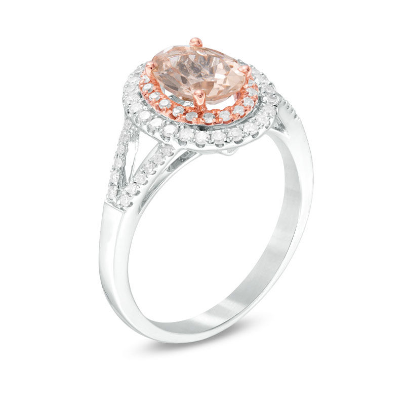 Oval Morganite and 1/3 CT. T.W. Diamond Double Frame Ring in 14K Two-Tone Gold