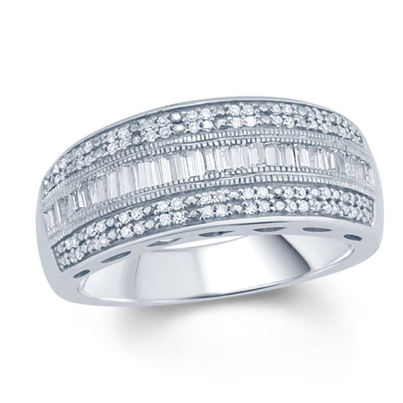 1/2 CT. T.W. Baguette and Round Diamond Multi-Row Vintage Style Band in ...