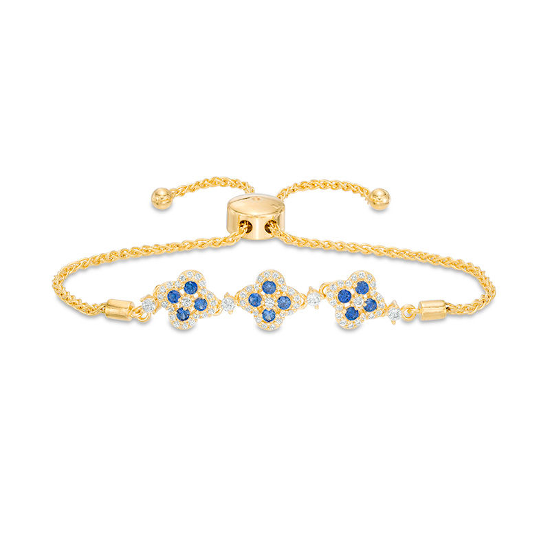 Main Image 1 of Lab-Created Blue and White Sapphire Triple Flower Bolo Bracelet in Sterling Silver with 18K Gold Plate - 9.0"