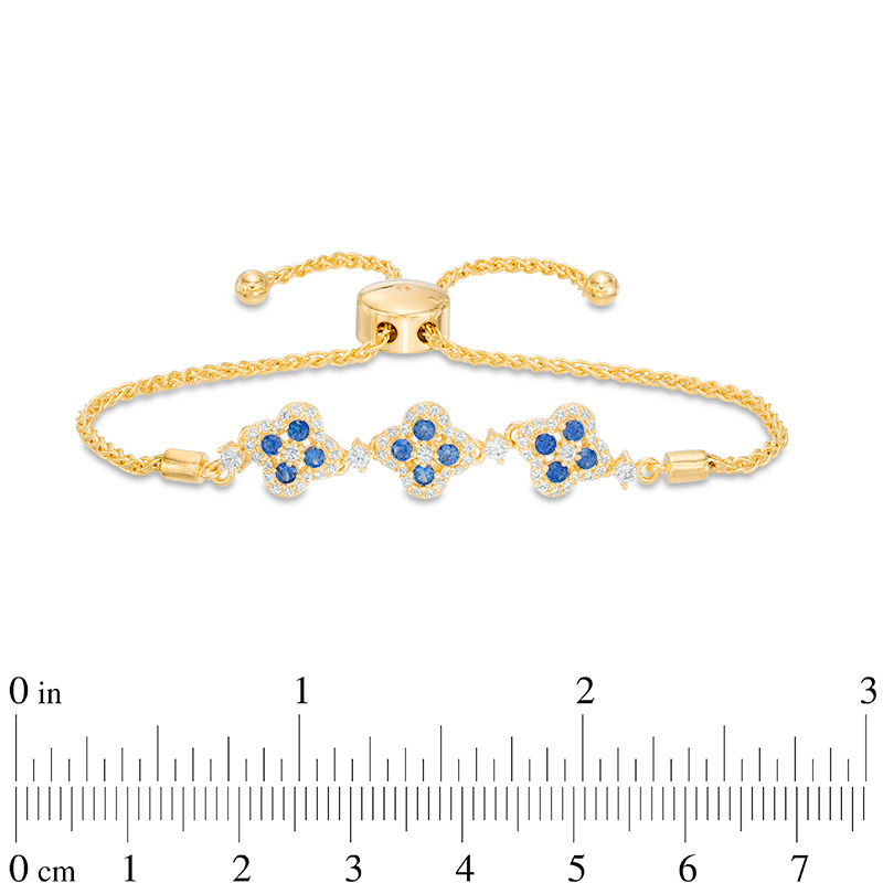 Main Image 2 of Lab-Created Blue and White Sapphire Triple Flower Bolo Bracelet in Sterling Silver with 18K Gold Plate - 9.0"