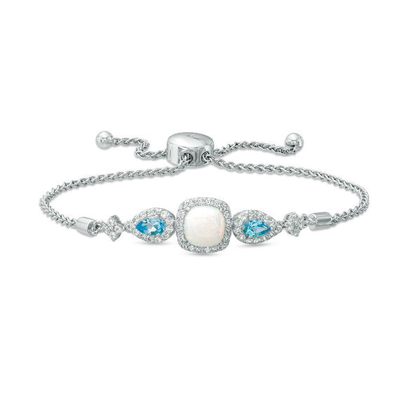 7.0m Cushion-Cut Lab-Created Opal and White Sapphire Frame with Swiss Blue Topaz Bolo Bracelet in Sterling Silver - 9.0"