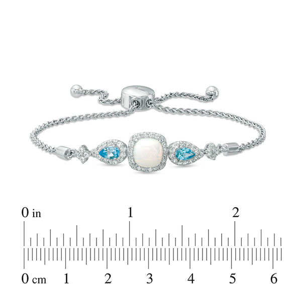 7.0m Cushion-Cut Lab-Created Opal and White Sapphire Frame with Swiss Blue Topaz Bolo Bracelet in Sterling Silver - 9.0"