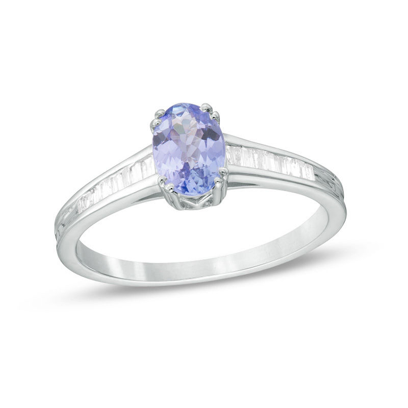 Oval Tanzanite and 1/6 CT. T.W. Baguette Diamond Ring in 10K White Gold