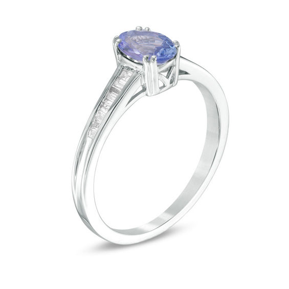 Oval Tanzanite and 1/6 CT. T.w. Baguette Diamond Ring in 10K White Gold