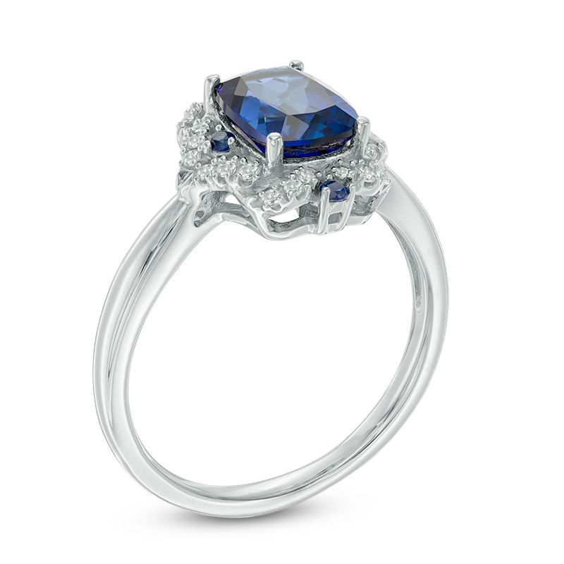 Cushion-Cut Lab-Created Ceylon and White Sapphire Hexagonal Frame Ring in Sterling Silver