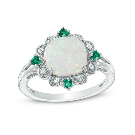 9.0mm Cushion-Cut Lab-Created Opal, Emerald and White Sapphire Scallop Frame Ring in Sterling Silver