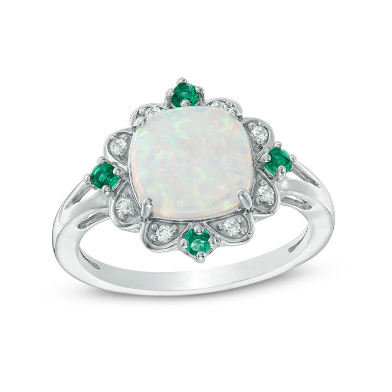 Main Image 1 of 9.0mm Cushion-Cut Lab-Created Opal, Emerald and White Sapphire Scallop Frame Ring in Sterling Silver