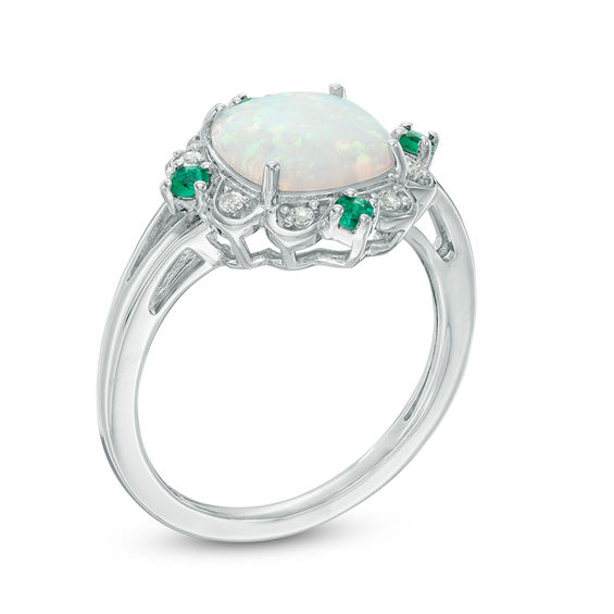 9.0mm Cushion-Cut Lab-Created Opal, Emerald and White Sapphire Scallop Frame Ring in Sterling Silver