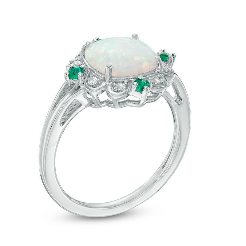Main Image 2 of 9.0mm Cushion-Cut Lab-Created Opal, Emerald and White Sapphire Scallop Frame Ring in Sterling Silver