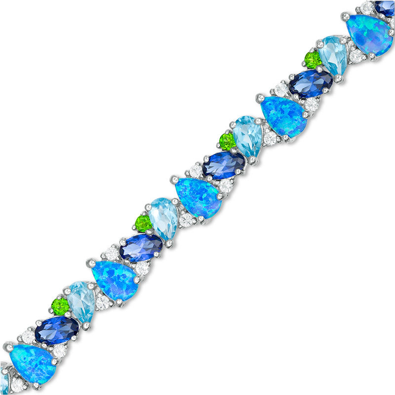 Main Image 1 of Multi-Gemstone Cluster and Lab-Created White Sapphire Bracelet in Sterling Silver - 7.25"