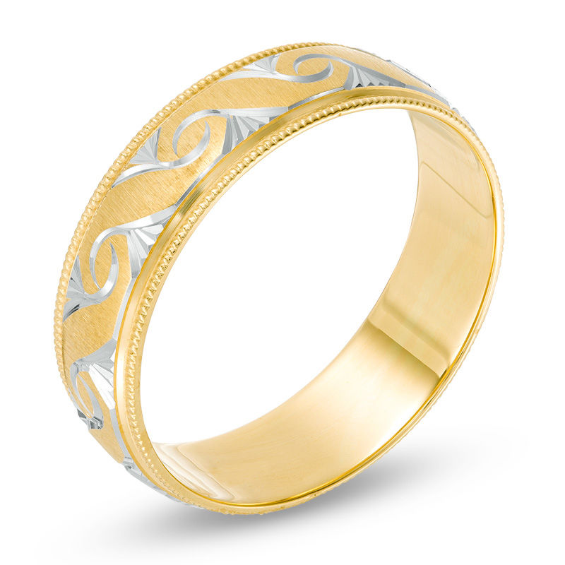 6.0mm Diamond-Cut Swirl Milgrain Edge Comfort Fit Wedding Band in 10K Gold with White Rhodium