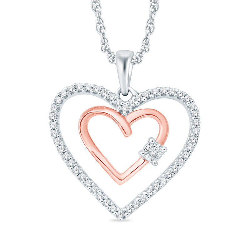 Main Image 1 of 1/6 CT. T.W. Diamond Double Heart Pendant in 10K Rose Gold