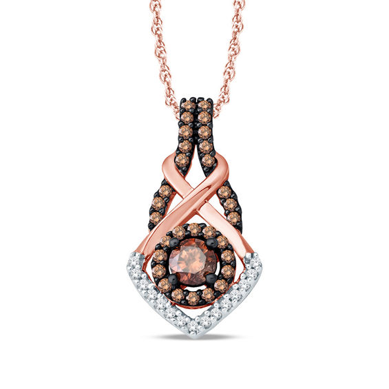 1/3 CT. T.w. Champagne and White Diamond Twist Frame Pendant in 10K Rose Gold