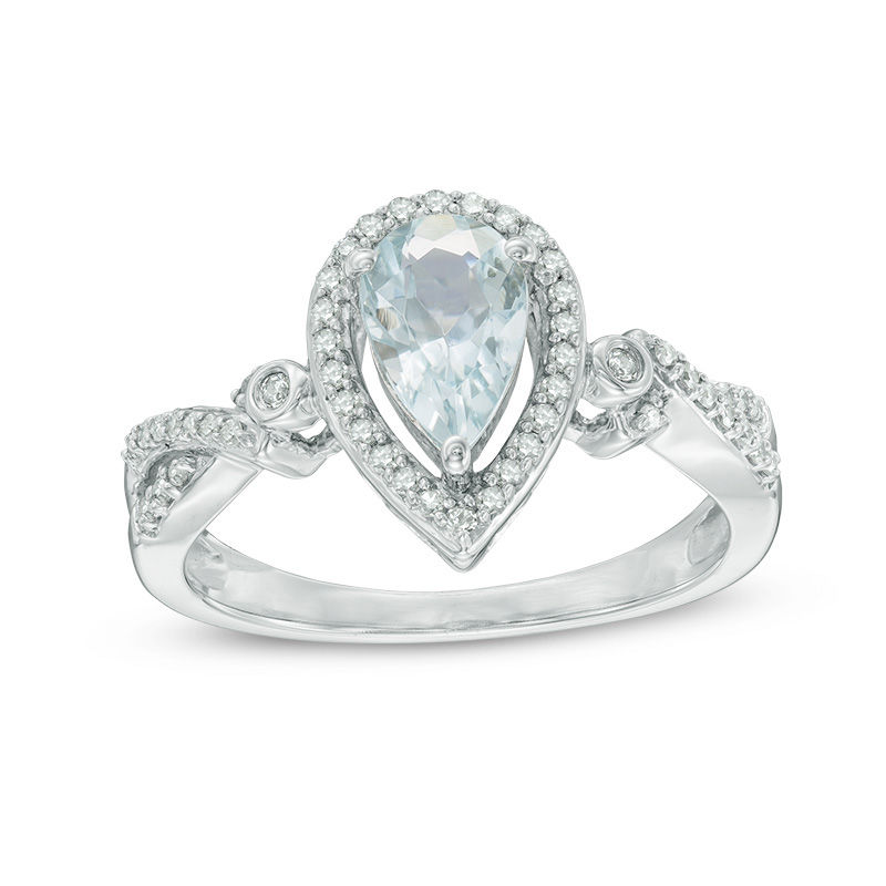 Pear-Shaped Aquamarine and 1/5 CT. T.W. Diamond Frame Split Shank Ring in 10K White Gold