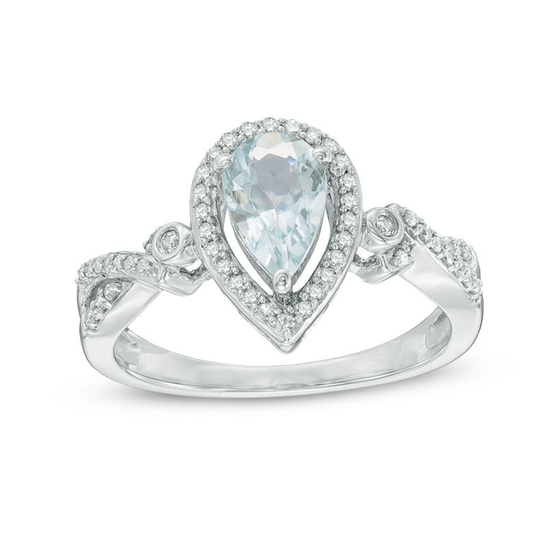 Main Image 1 of Pear-Shaped Aquamarine and 1/5 CT. T.W. Diamond Frame Split Shank Ring in 10K White Gold