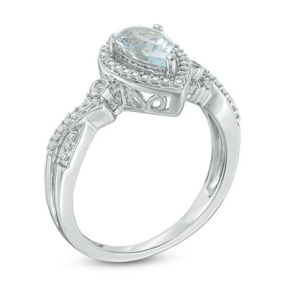 Pear-Shaped Aquamarine and 1/5 CT. T.w. Diamond Frame Split Shank Ring in 10K White Gold